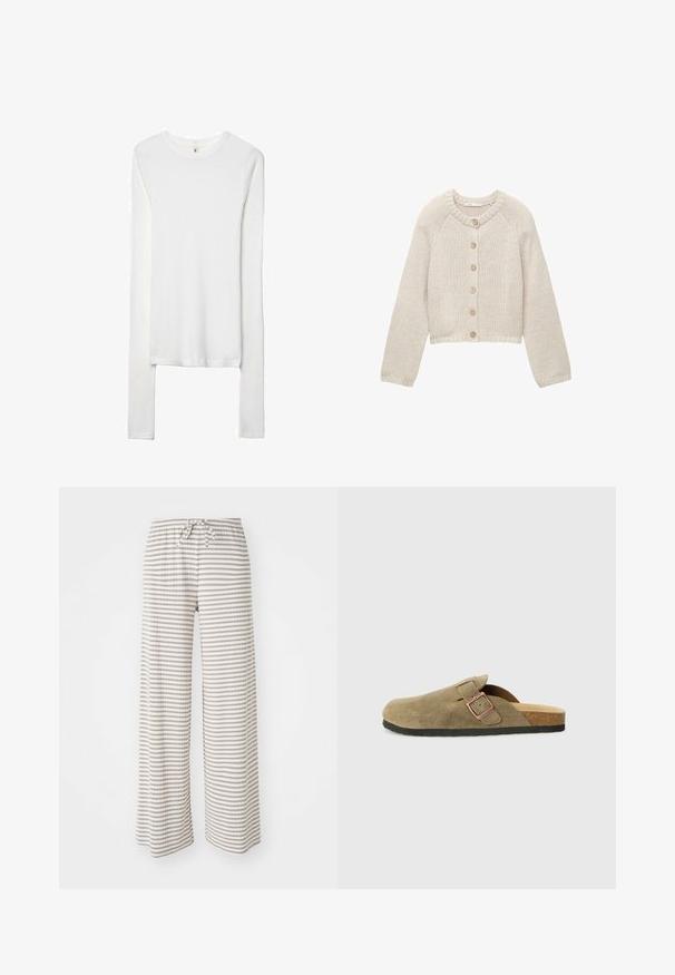 Beige strikket cardigan med lange ærmer og fem træknapper foran, med en rund halsudskæring og ribbede manchetter og kant.; Hvid langærmet t-shirt lavet af blødt, strækbart stof. Har en rund hals og tætsiddende ærmer med en enkel, glat overflade.; Bredde benbukser i let stof, med vandrette striber i beige og hvid. Elastisk talje med snorelukning.; Ruskindssko i træsko-stil i olivengrøn med en smal rem og metalspænde. Har en korksål og sort gummisål.