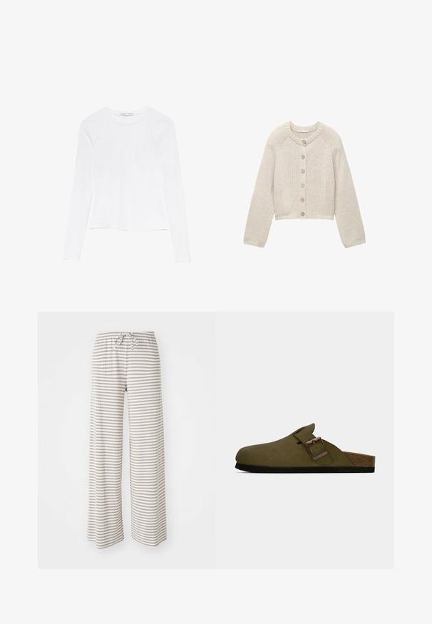Beige knitted cardigan with long sleeves and five wooden buttons down the front, featuring a round neckline and ribbed cuffs and hem.; White long-sleeve top with a round neckline. Features a fitted design, smooth fabric texture, and a slightly cropped hemline.; Wide-leg pants in lightweight fabric, featuring horizontal stripes in beige and white. Elastic waistband with drawstring closure.; Olive green slip-on clog with wide adjustable strap and bronze buckle, cork footbed, and black rubber sole.