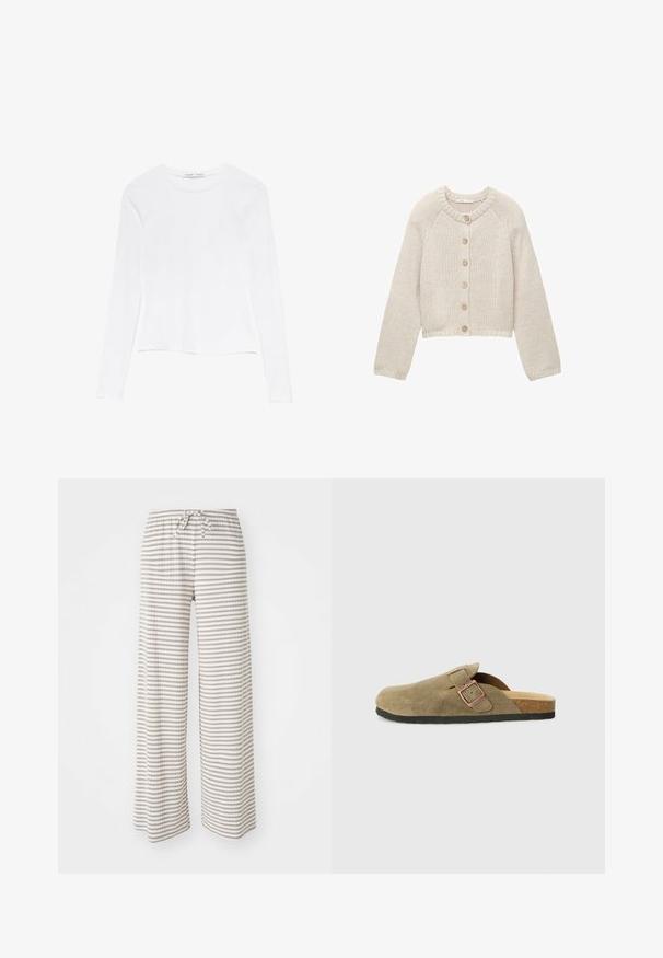 Beige gebreide cardigan met lange mouwen en vijf houten knopen aan de voorkant, met een ronde halslijn en geribbelde manchetten en zoom.; Witte lange mouwtop met een ronde halslijn. Heeft een aansluitend ontwerp, een gladde stoftextuur en een iets cropped zoomlijn.; Wijdvallende broek van lichtgewicht stof, met horizontale strepen in beige en wit. Elastische tailleband met trekkoordsluiting.; Suède pantoffel in klompstijl in olijfgroen met een smalle band en metalen gesp. Voorzien van een kurkvoetbed en zwarte rubberen zool.