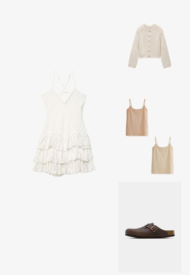 Beige gestrickte Strickjacke mit langen Ärmeln und fünf Holzknöpfen auf der Vorderseite, runder Halsausschnitt sowie gerippte Bündchen und Saum.; Zwei Tanktops in hellbeigen Tönen. Jedes hat dünne Träger, einen runden Ausschnitt und einen weichen, strukturierten Stoff. Eines ist etwas dunkler als das andere.; Weißes ärmelloses Spitzenkleid mit V-Ausschnitt, verstellbaren dünnen Trägern und gestuftem Rüschensahne-Detail.; Braune Leder-Clogs mit einem breiten Riemen und einer Kupferbuckle, ausgestattet mit einem strukturierten Korkfußbett und einer dicken schwarzen Gummisohle.; PULL&BEAR Shopping Bag - mottled dark brown