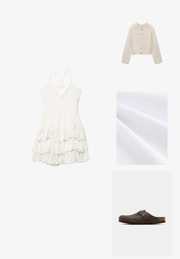 Cardigan lavorato a maglia beige con maniche lunghe e cinque bottoni in legno sulla parte anteriore, con scollatura rotonda e polsini e orlo a coste.; Tessuto bianco a coste con sottili linee verticali e una superficie liscia, che si drappeggia in morbide pieghe.; Abito bianco senza maniche in pizzo con scollatura a V, spalline sottili regolabili e dettagli in volant a strati nella gonna.; Zoccolo in pelle marrone con una fascia ampia e una fibbia in rame, caratterizzato da una soletta in sughero testurizzata e una suola in gomma nera spessa.; PULL&BEAR Shopping bag - mottled dark brown