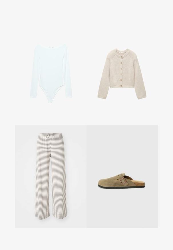 Vaalea neulecardigan, jossa on pitkät hihat ja viisi puista nappia edessä. Rundikaula-aukko sekä ribbireunat hihansuissa ja helmassa.; Pitkähihaisia valkoisia bodysuit, jossa on leveä pääntie, valmistettu pehmeästä ja joustavasta kankaasta, omalla kapealla muotoilullaan ja korkealla lahkeensuulla.; Hameet leveillä lahkeilla kevyestä kankaasta, jossa on vaakasuoria beigeja ja valkoisia raitoja. Kuminauhavyötärö, jossa on nyörisuljenta.; Oliivinvihreä mokkainen klompsutyylinen tohveli, jossa kapea remmi ja metallisolki. Sisältää korkkipohjan ja mustan kumipohjan.