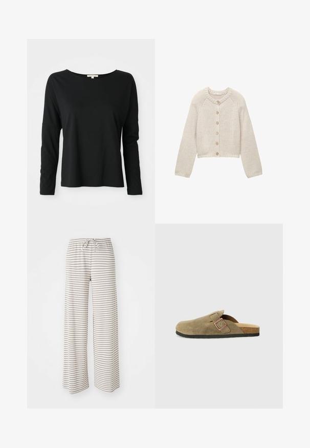 Beige strikket cardigan med lange ærmer og fem træknapper foran, med en rund halsudskæring og ribbede manchetter og kant.; Sort langærmet crewneck t-shirt med afslappet pasform og sænkede skuldre, præsenteret på en hvid baggrund.; Bredde benbukser i let stof, med vandrette striber i beige og hvid. Elastisk talje med snorelukning.; Ruskindssko i træsko-stil i olivengrøn med en smal rem og metalspænde. Har en korksål og sort gummisål.