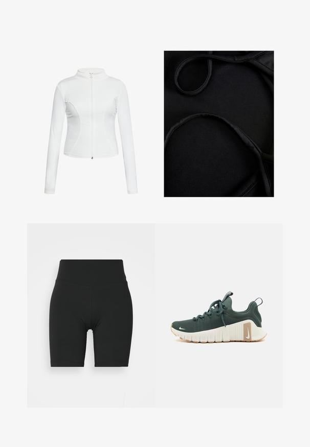 Bjela jakna sa zatvaračem na sredini, dugim rukavima, glatkom teksturom, uskim dizajnom i zakrivljenim šavovima sa strane.; Crni kupaći materijal s glatkom teksturom, zakrivljenim naramenicama i ravnim šavovima, osmišljen za udobnost i fleksibilnost tijekom upotrebe.; Crne biciklističke kratke hlače visokog struka, izrađene od rastezljivog materijala, s glatkom teksturom i čistim šavovima, dizajnirane za udobnost i fleksibilnost.; Zelena atletska cipela s teksturiranim gornjim dijelom od tkanine, bijelim međuslojom i smešim potplatom. Ima vezice, traku za vučenje i mali logo sa strane.