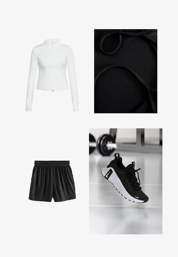 Valkoinen vetoketjullinen takki, jossa on pitkät hihat, sileä pinta, tiukka muotoilu ja kaarevat saumat sivuilla.; Mustaka uimaasu, jossa on sileä pinta, kaarevat hihnat ja litteät saumat, suunniteltu mukavuutta ja joustavuutta varten käytön aikana.; Next REGULAR FIT - Verryttelyhousut - black; Musta urheilukenkä teksturoitua kangaspintaa, valkoista pohjaa ja näkyvää nauhoitusjärjestelmää. Sisältää Nike-logon sekä pehmeän, pehmustetun rakenteen.