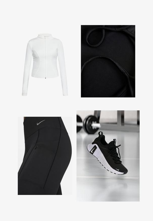 Valkoinen vetoketjullinen takki, jossa on pitkät hihat, sileä pinta, tiukka muotoilu ja kaarevat saumat sivuilla.; Mustaka uimaasu, jossa on sileä pinta, kaarevat hihnat ja litteät saumat, suunniteltu mukavuutta ja joustavuutta varten käytön aikana.; Musta korkeavyötäröinen leggings kangasta, joka venyy hyvin, ja jossa on vetoketjullinen tasku sekä kontrastiväriset saumat. Hopeinen Nike-logo vyötäröllä.; Musta urheilukenkä teksturoitua kangaspintaa, valkoista pohjaa ja näkyvää nauhoitusjärjestelmää. Sisältää Nike-logon sekä pehmeän, pehmustetun rakenteen.