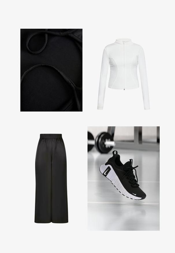 Biała kurtka zapinana na zamek z długimi rękawami, gładka struktura, dopasowany krój oraz wygięte szwy po bokach.; Bezrękawnik w panterkę z kołnierzem mandarynkowym, w odcieniach brązu i czerni na jasnym tle oraz prostym wykończeniem dołu.; Czarna tkanina kostiumu kąpielowego o gładkiej fakturze, z zaokrąglonymi ramiączkami i płaskimi szwami, zaprojektowana z myślą o komforcie i elastyczności w trakcie użytkowania.; Czarne spodnie z szerokimi nogawkami, wykonane z gładkiego, błyszczącego materiału, z elastycznym pasem i bez widocznych kieszeni ani elementów metalowych.; Czarne sportowe buty z teksturowaną cholewką z tkaniny, białą podeszwą i wyraźnym systemem sznurowania. Zawierają logo Nike oraz miękką, amortyzowaną konstrukcję.