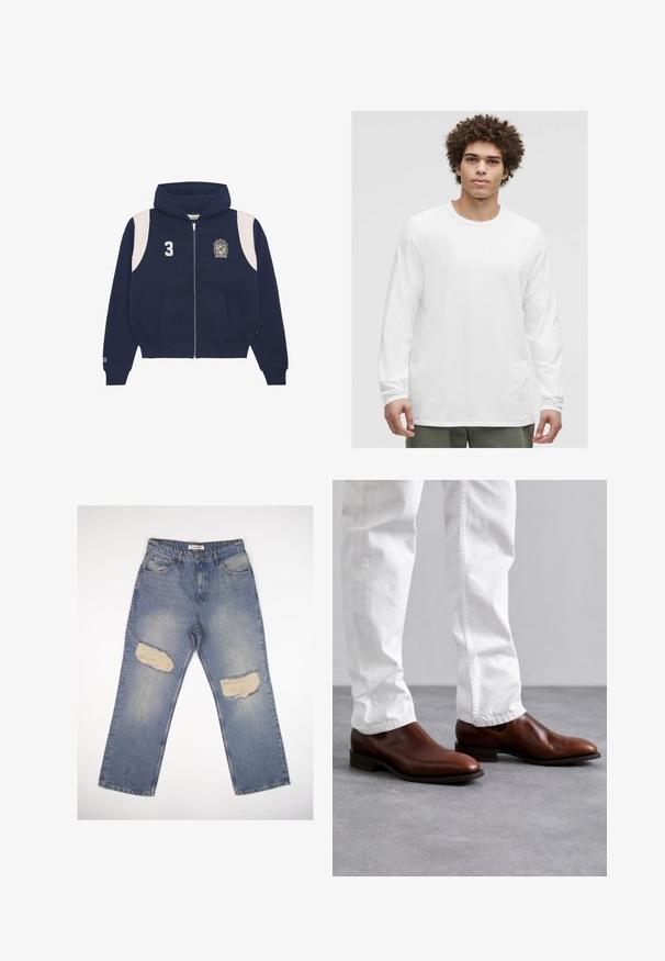 Granatowa bluza z zamkiem, wykonana z mieszanki bawełny. Posiada białe akcenty na ramionach, nadrukowany numer '3' oraz logo na lewej piersi. Z przodu znajdują się kieszenie.; Biała koszulka z długim rękawem i okrągłym dekoltem, wykonana z miękkiego materiału, o luźnym kroju, bez widocznych logo lub wzorów.; Jasnoniebieskie dżinsy o prostym kroju, z dwoma dużymi przetarciami na kolanach oraz standardowym pięciopocketowym fasonem.; Brązowe skórzane buty wsuwane o gładkim wykończeniu, w szpic, z płaską podeszwą, zestawione z białymi spodniami o slim fit.
