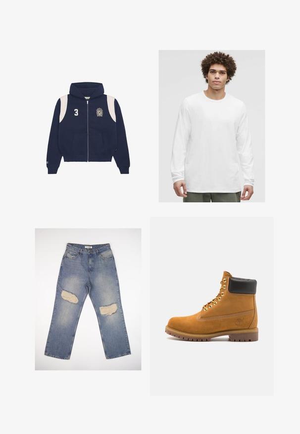 Jūrininkų zip-up megztinis, pagamintas iš medvilnės mišinio. Papuoštas baltais pečių akcentais, spausdintu numeriu '3' ir logotipu kairėje krūtinės pusėje. Pridedamos priekinės kišenės.; Balta ilgomis rankovėmis marškinėliai su apvalia iškirpte, pagaminti iš minkštos medžiagos, pasižyminčios laisvu krinta ir be matomų logotipų ar raštų.; Šviesiai mėlynos džinsinės kelnės su tiesia siluetu, turinčios dvi dideles nuplyšusias vietas keliuose ir standartinį penkių kišenių dizainą.; Tan spalvą turintys suknelės batus iki kulkšnies su juodu paminkštintu apvadu, auksiniais metaliniais akių užsegimais, baltais siūlų dekoratyviniais elementais ir tvirtu guminiu padu su ryškiai išreikštais raštais.