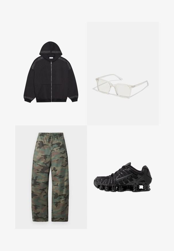 Crna zip-dukserica izrađena od tkanine, s metalnim iglicama duž ramena i manžeta. Uključuje kapuljaču i prednji džep.; HUGO GIFT GIVING 2 PACK - Top - blue/black; GAP BARREL PARACHUTE - Hlače - green camo; Crne atletske cipele s mrežastim gornjim dijelom i sjajnim premazima. Imaju zakrivenu zavojnicu za amortizaciju i teksturirane linije sa strane. Vidljiv Nike logo.; Prozirne plastične naočale kvadratnog okvira s prozirnim lećama, koje sadrže zlatne akcentne detalje na drškama.