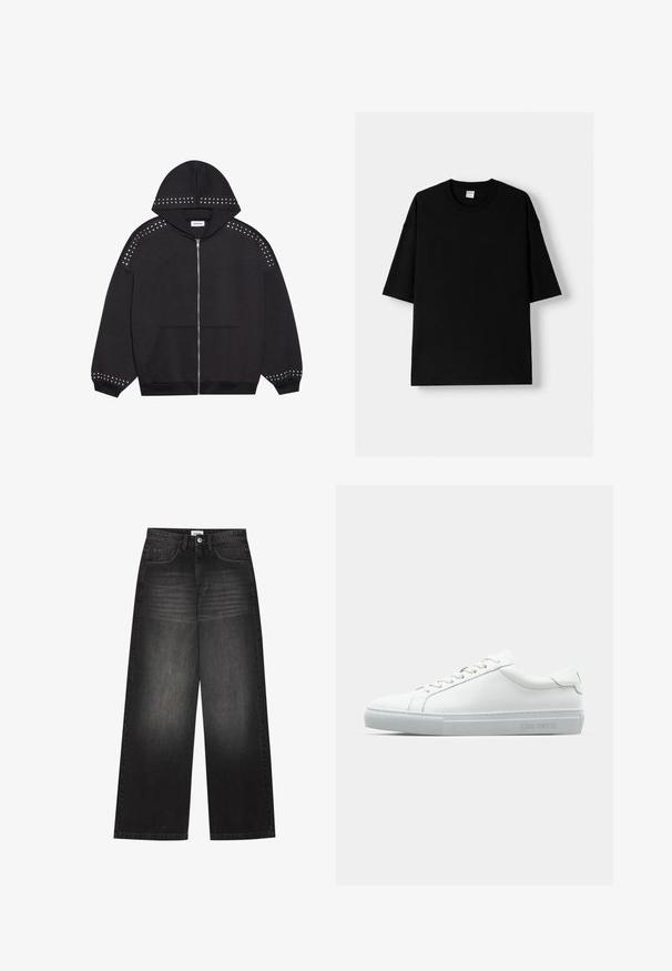 Hanorac negru cu fermoar, realizat dintr-un material textil, având ținte metalice pe umeri și manșete. Include glugă și buzunar frontal.; Tricou din bumbac negru, cu mâneci scurte, guler rotund și o croială lejeră. Textură netedă și design minimalistic, fără modele sau accente.; YOURTURN UNISEX - Blugi largi - black denim; Tenisi din piele albă cu un finisaj neted, vârf rotund, shoelaces plate și un design minimalist. Talpă din cauciuc gri deschis cu branding pe lateral.
