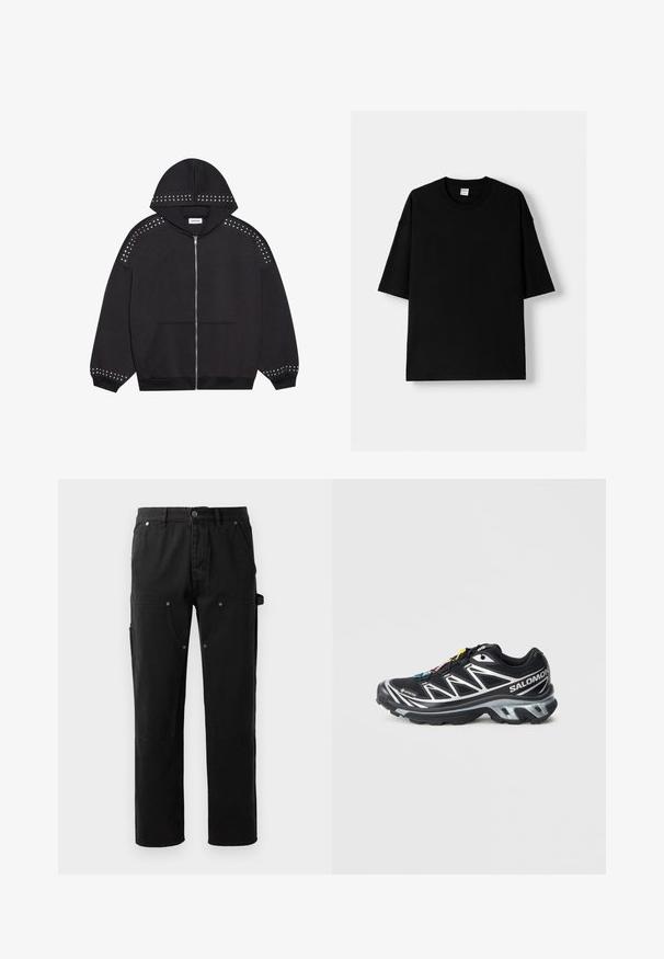 Mustat vetoketjuhuppari, joka on valmistettu kankaasta ja jossa on metallisia niittejä harteilla ja hihoissa. Mukana huppu ja etutasku.; Musta puuvillapaita, jossa on lyhyet hihat, pyöreä kaula-aukko ja rento istuvuus. Sujuva pinta ja minimalistinen muotoilu, ei kuvioita tai korostuksia.; Mustat puuvillahousut suoran lahkeen muotoilulla, joissa on kaksi etutaskua, sivuvarustetasku ja nepparidetaljit.; Musta juoksukenkä, jossa on hopeisia yksityiskohtia, GORE-TEX-materiaalia, teksturoitu pohja ja värikkäät nauhat. Sisältää pehmustetun kantapään tukemiseen.