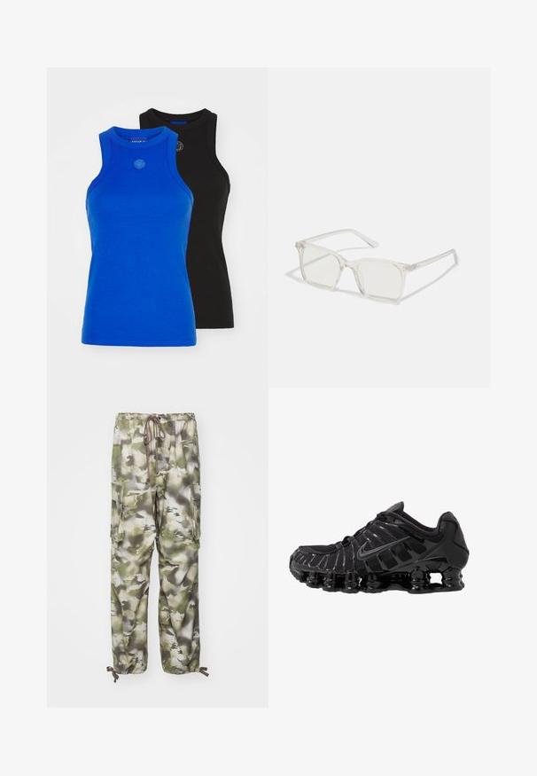 Black zip-up hoodie made of fabric, featuring metallic studs along the shoulders and cuffs. Includes a hood and front pocket.; HUGO GIFT GIVING 2 PACK - Top - blue/black; Cargo pants in camouflage pattern featuring shades of green and gray, elastic waistband with drawstring, and two side pockets.; Black athletic shoe with mesh upper and glossy overlays. Features curved coil cushioning and textured lines on the side. Nike logo visible.; Clear plastic square-frame glasses with translucent lenses, featuring gold accents on the temples for added detail.