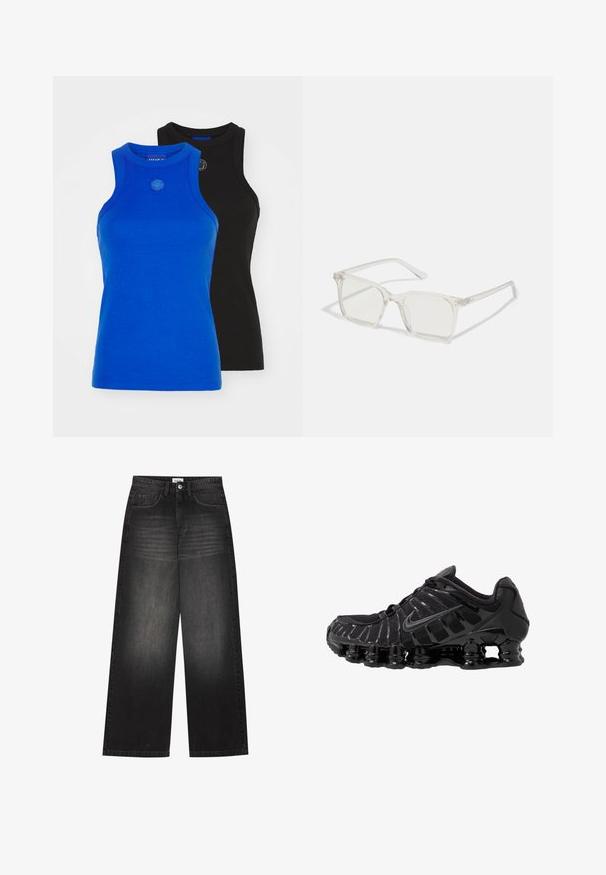 Mustat vetoketjuhuppari, joka on valmistettu kankaasta ja jossa on metallisia niittejä harteilla ja hihoissa. Mukana huppu ja etutasku.; HUGO GIFT GIVING 2 PACK - Toppi - blue/black; YOURTURN UNISEX - Baggy-farkut - black denim; Mustat urheilukengät, joissa on verkkoyläosa ja kiiltävät yksityiskohdat. Varustettu kaarevalla jousituksella ja teksturoiduilla viivoilla sivuilla. Nike-logo näkyvissä.; Selkeä muovinen neliönmuotoinen kehyslasit, joissa on läpinäkyvät linssit ja kultaset mäntäraudat lisäämään yksityiskohtia.