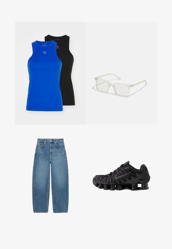 Černá zipová mikina vyrobená z látky, s kovovými hroty podél ramen a manžet. Obsahuje kapuci a přední kapsu.; HUGO GIFT GIVING 2 PACK - Top - blue/black; Modré vysoké široké džíny s předními kapsami a zapínáním na knoflík, vystavené v ploché poloze na bílém pozadí.; Černá sportovní bota s síťovaným svrškem a lesklými detaily. Má zakřivené odpružení z pružin a texturované linie na straně. Viditelné logo Nike.; Průhledné plastové brýle čtvercového rámečku s průsvitnými čočkami, které mají zlaté akcenty na spáncích pro zvýraznění detailů.