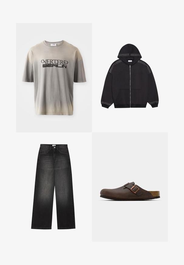 Mustat vetoketjuhuppari, joka on valmistettu kankaasta ja jossa on metallisia niittejä harteilla ja hihoissa. Mukana huppu ja etutasku.; Harmaa gradient-paita lyhyillä hihoilla, jossa on musta printti "VERTERE BERLIN" tyylitellyllä fontilla, pehmeä rakenne ja rento malli.; YOURTURN UNISEX - Baggy-farkut - black denim; Ruskea nahkakengät, joissa on leveä hihna ja kuparinen solki. Kengät sisältävät teksturoitua korkkijalatukea ja paksun mustan kumipohjan.