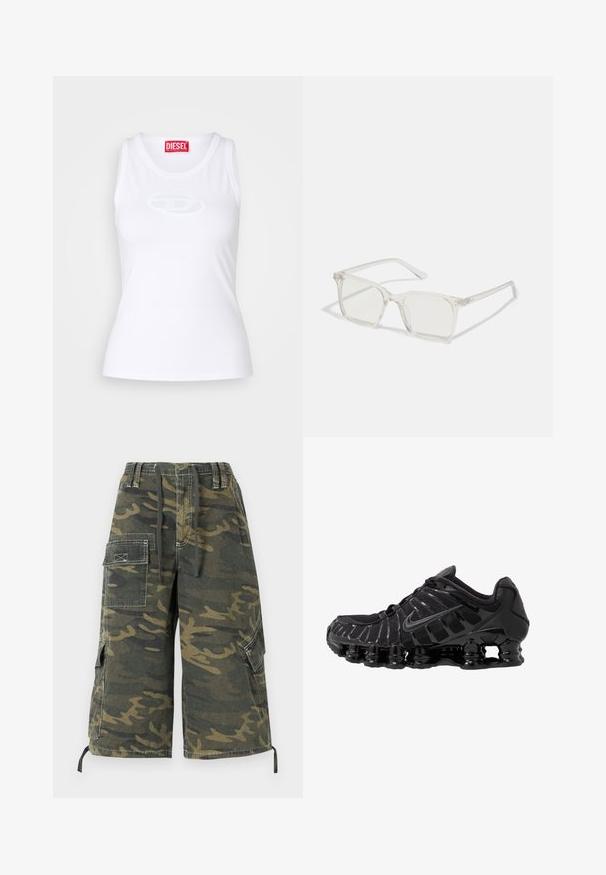 Čierna mikina na zips vyrobená z látky, s kovovými cvočkami pozdĺž ramien a manžiet. Obsahuje kapucňu a predné vrecko.; Biele tielko z jemnej látky s okrúhlym výstrihom, priliehavým strihom a embosovaným logom Diesel v strede.; BDG Urban Outfitters DETROIT CUT OFF - Šortky - khaki; Čierna športová obuv s vrchnou časťou z sieťoviny a lesklými detailmi. Obsahuje zakrivené odpruženie a textúrované línie po stranách. Viditeľné logo Nike.; Priehľadné plastové okuliare s námestovými rámami a priehľadnými šošovkami, s kultivovanými zlatými akcentmi na spánkoch pre zvýraznenie detailov.
