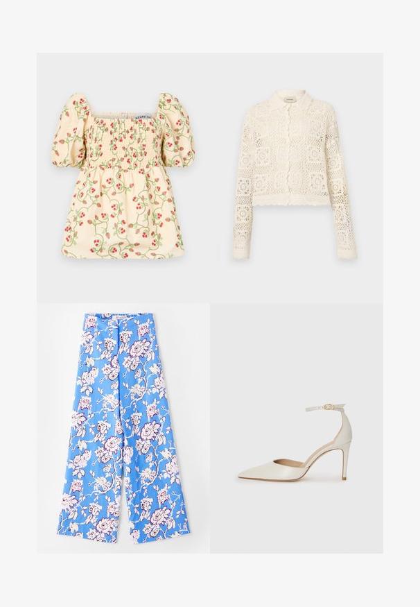 Witte gehaakte cardigan met een kraag, voorzien van een ingewikkeld vierkant patroon, lange mouwen en gegolfde randen. Knopenluiting aan de voorkant.; Crème-kleurige blouse met pofmouwen, voorzien van smockdetails en bloemende versieringen met rode aardbeien en groene wijnstokken.; Blauwe bloemenbroek met een pastelrozenpatroon. De stof is glad met een comfortabele pasvorm, wijde pijpen en een elastische tailleband.; Witte leren hoge hak schoen met een spitse neus, enkelbandje en een slanke stiletto hiel. Gladde textuur met een subtiele glanzende afwerking.