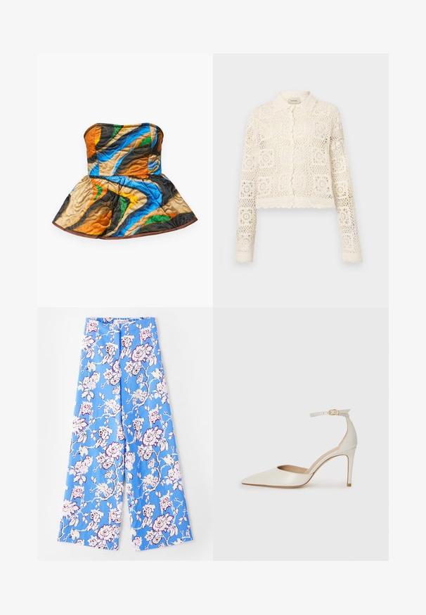 Biely háčkovaný kardigán s golierom, ktorý má zložitý štvorcový vzor, dlhé rukávy a zúbkované okraje. Zapínanie na gombíky vpredu.; Stehnutý top bez ramienok s peplum dizajnom. Obsahuje farebné vzory v oranžovej, modrej, zelenej a hnedej na textúrovanej tkanine.; Modré kvetinové nohavice s jemným vzorom ruží. Tkanina je hladká s voľným strihom, širokými nohavicami a elastickým pásom.; Biele kožené topánky na vysokom podpätku s špicatou špičkou, remienkom okolo členka a štíhlym stiletto podpätkom. Hladký povrch s jemným lesklým povrchom.