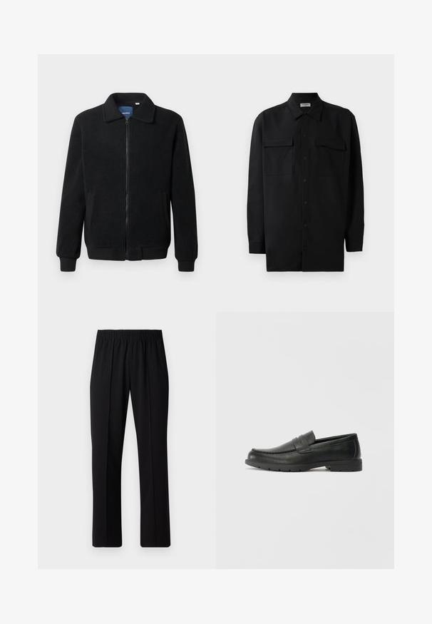 Schwarze Fleecejacke mit Reißverschluss, Stehkragen, gerippten Bündchen und seitlichen Taschen mit strukturiertem Oberflächenmaterial.; Schwarzes Hemd mit Knopfleiste aus glattem Stoff, das einen klassischen Kragen, zwei Brusttaschen und lange Ärmel mit Knopfmanschetten aufweist.; Schwarze, Gummibund-Hosen mit geradem Schnitt, die eine glatte Textur aufweisen und keine sichtbaren Muster oder Beschläge haben.; Schwarze Lederloafers mit glatter Oberfläche, Mokassin-oberteil, genähten Details und Gummisohle. Klassisches Design mit niedrigem Absatz.