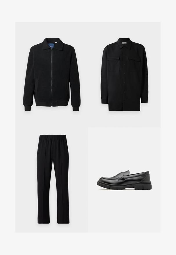 Chaqueta de forro polar negra con cierre de cremallera, cuello alzado, puños acanalados y bolsillos laterales con una superficie texturizada.; Camisa negra de botones, fabricada en tejido suave, con un cuello clásico, dos bolsillos delanteros y mangas largas con puños de botón.; Pantalones negros con cintura elástica y diseño de pierna recta, con una textura suave y sin patrones o herrajes visibles.; Mocasin de cuero negro con una cinta ancha en el empeine, suela de goma con tacos gruesos y textura suave. Diseño clásico y elegante.