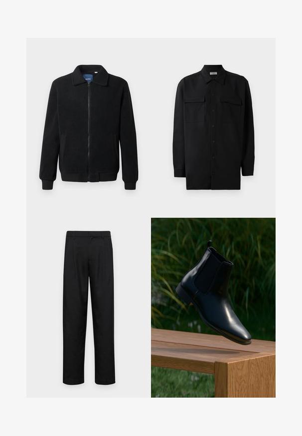 Black fleece jacket featuring a zip closure, stand collar, ribbed cuffs, and side pockets with a textured surface.; Black button-up shirt made of smooth fabric, featuring a classic collar, two front pockets, and long sleeves with button cuffs.; Black trousers made of smooth fabric, featuring a straight-leg design, two front pleats, and standard waistband with belt loops.; Black leather Chelsea boot hovering above a wooden bench with grass and plants in the background.