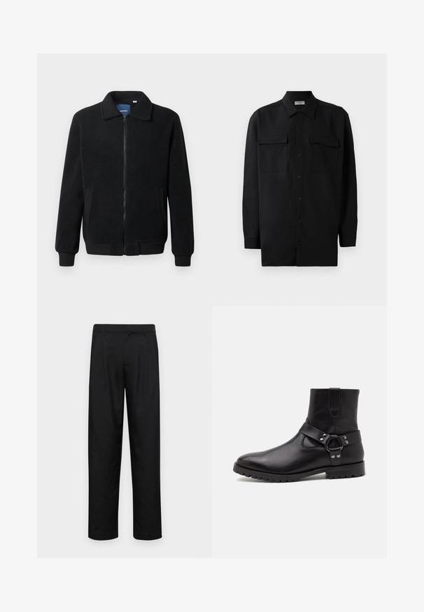 Black fleece jacket featuring a zip closure, stand collar, ribbed cuffs, and side pockets with a textured surface.; Black button-up shirt made of smooth fabric, featuring a classic collar, two front pockets, and long sleeves with button cuffs.; Black trousers made of smooth fabric, featuring a straight-leg design, two front pleats, and standard waistband with belt loops.; Black leather ankle boot with a pointed toe, flat rubber sole, and a decorative strap with a metal ring and studs. Smooth texture.