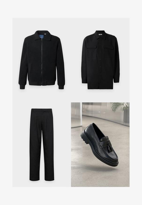Juodas fliso džemperis su užtrauktuku, stovinčia apykakle, gumuotais rankogaliais ir šoninėmis kišenėmis, turinčiomis tekstūruotą paviršių.; Juodas marškinis su mygtukais, pagamintas iš lygaus audinio, turi klasikinius apykaklės, du priekiniai kišeniai ir ilgus rankovės su mygtukais.; Juodi kelnių modeliai, pagaminti iš lygios medžiagos, turi tiesią kojas, du priekiniai klostės ir standartinę juosmenį su diržo kilpomis.; Juodi odiniai bateliai be užsegimo su lygiu paviršiumi, dekoratyvine kutu, stora guminė pado danga ir siūtais akcentais. Lengvi ir elegantiško dizaino.