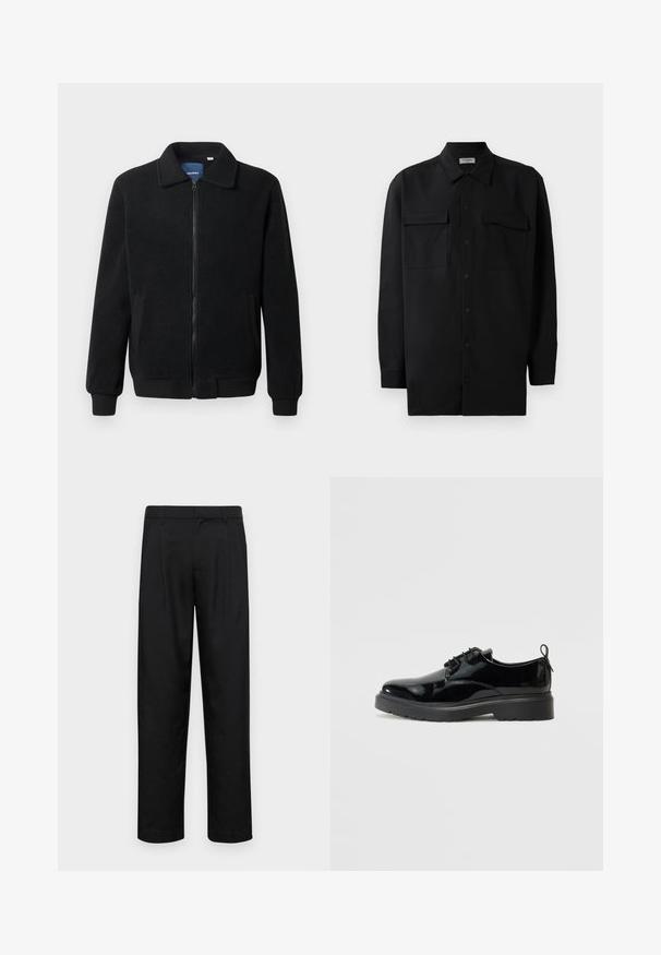 Chaqueta de forro polar negra con cierre de cremallera, cuello alzado, puños acanalados y bolsillos laterales con una superficie texturizada.; Camisa negra de botones, fabricada en tejido suave, con un cuello clásico, dos bolsillos delanteros y mangas largas con puños de botón.; Pantalones negros de tela suave, con un diseño de pierna recta, dos pliegues frontales y una cintura estándar con trabillas para el cinturón.; Zapato de charol negro con cordones, suela de goma gruesa y tira en el talón, mostrado desde el lado interno sobre un fondo blanco.