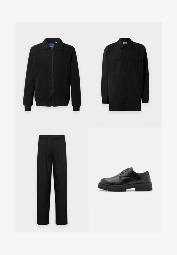 Jachetă din fleece neagră, cu închidere prin fermoar, guler înalt, manșete ribbate și buzunare laterale cu o suprafață texturată.; Cămașă neagră cu nasturi, confecționată dintr-un material neted, având un guler clasic, două buzunare frontale și mâneci lungi cu manșete cu nasturi.; Pantaloni negri dintr-un material neted, cu un design drept, două pliuri frontale și un tiv standard cu bucle pentru curea.; Pantofi din piele neagră, cu vârful rotunjit, design cu șireturi și o talpă groasă, texturată din cauciuc. Prezintă cusături pe margine și o finisare netedă.