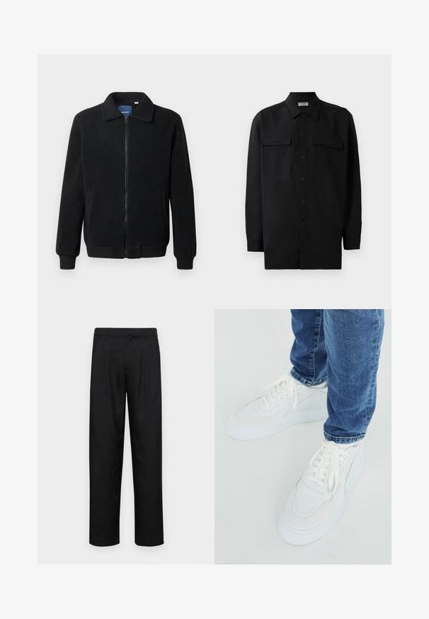 Fekete bolyhos dzseki cipzárral, állógallérral, bordázott mandzsettákkal és oldalzsebekkel, textúrált felülettel.; Fekete gombos ing, sima anyagból készült, klasszikus gallérral, két elülső zsebbel és hosszú ujjakkal, amelyek gombos mandzsettával záródnak.; Fekete nadrág sima anyagból, egyenes szárú fazonnal, két elülső redővel és közönséges derékkal, övhurkokkal.; Fehér sportcipő sima bőr és nubuk díszítéssel, kerek orral, vastag fehér talppal és lapos, keresztbe tett fűzőkkel; kék farmernadrággal viselve.