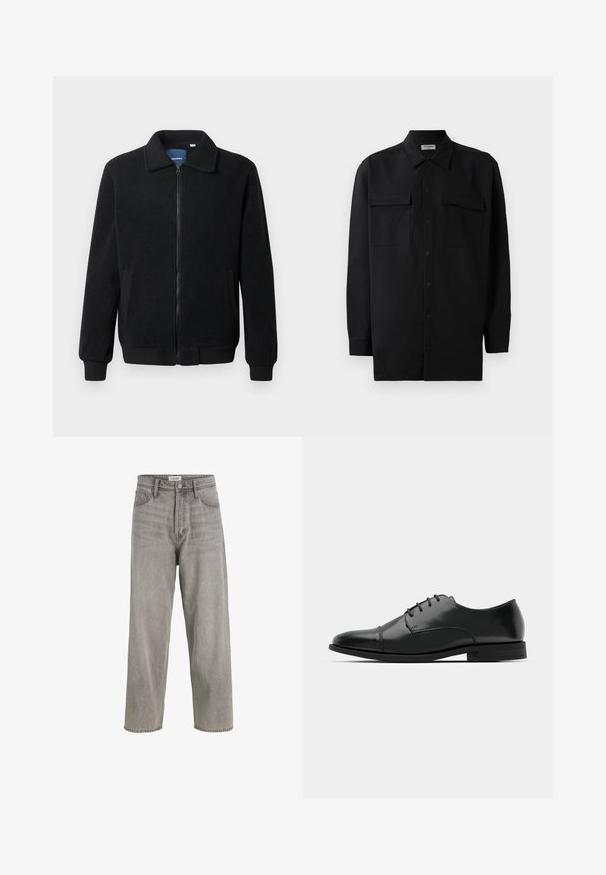 Musternahk fleece-jakk musternahaga, tõmblukk, seisev kaelus, soonikkoes varrukad ja küljetaskud tekstuurse pinnaga.; Mustmust värvi nööpidega särk, mis on valmistatud sujuvast kangast, klassikalise kraega, kahe eesmise tasku ja pikkade varrukatega, millel on nööpidega mansetid.; Hall kasutavad halli denimist teksaseid, mis on kõrgema talje, laia jala disainiga, kergelt kulunud ja viie-tasku stiiliga. Need sisaldavad metallist nööbi sulgemist ja vöörihme silmuseid.; Must must esine tugeva varbaga, luku kinnitusega, peente õmblustete detailidega ja madala kontsaga. Sile tekstuur ja poleeritud viimistlus.