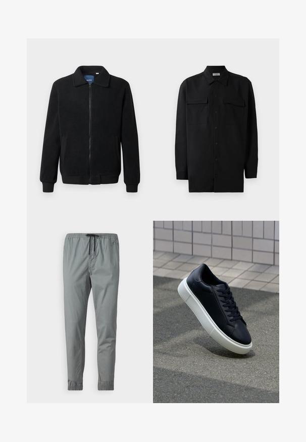 Svart fleece jakke med glidelås, høy krage, ribbestrikkede mansjetter og sidelommer med strukturert overflate.; Svart skjorte med knapper laget av glatt stoff, med klassisk krage, to frontlommer og lange ermer med knappe mansjetter.; Grå joggebukser med elastisk linning, snorstramming og avsmalnede ben. Glatt stoff med elastiske mansjetter ved anklene.; Sorte skinnsneakers med rund tå og hvit gummisåle. Har flate lisser og minimal søm på overdelen. Strukturert såle for grep.