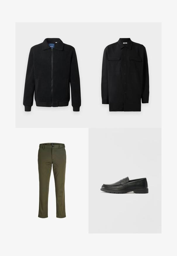 Črna flis jakna z zadrgo, stoječim ovratnikom, rebrastimi zapestji in stranskimi žepi s teksturirano površino.; Črn srajčni zgornji del iz gladkega materiala, s klasičnim ovratnikom, dvema sprednjima žepoma in dolgimi rokavi z gumbi na manšetah.; Olivno zeleni hlače iz gladkega materiala; vsebujejo zapiralo na gumb, zanke za pas in ravne hlačnice s čistim koncem.; Črne usnjene loafer čevlje z gladko površino, zgornjim delom v slogu mokasin, šivanimi detajli in gumijastim podplatom. Klasična zasnova z nizko peto.
