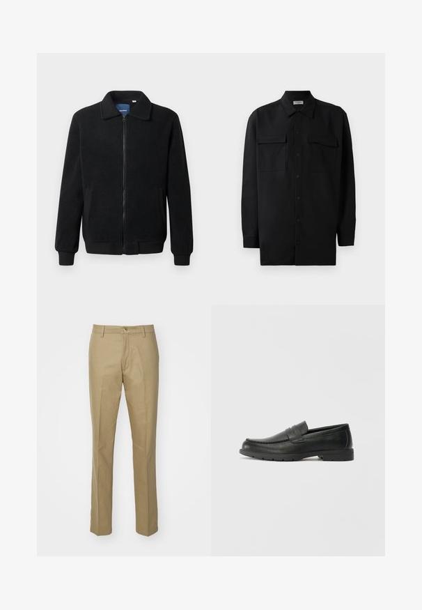 Black fleece jacket featuring a zip closure, stand collar, ribbed cuffs, and side pockets with a textured surface.; Black button-up shirt made of smooth fabric, featuring a classic collar, two front pockets, and long sleeves with button cuffs.; Khaki trousers made of cotton blend, featuring a straight cut, visible front pockets, a zip fly, and a classic waistband with a single button.; Black leather loafers with a smooth finish, moccasin-style upper, stitched detailing, and a rubber sole. Classic design with a low heel.