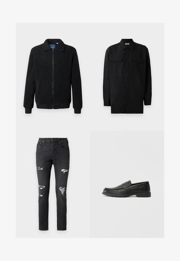 Čierna flísová bunda s uzáverom na zips, stojatým golierom, rebrovanými manžetami a bočnými vreckami s textúrovaným povrchom.; Čierna košeľa na gombíky vyrobená z hladkej tkaniny, so klasickým golierom, dvoma prednými vreckami a dlhými rukávmi s gombíkovými manžetami.; Čierne džíny z denimu s úzkym strihom, s viacerými poškodenými miestami a viditeľnými záplatami na kolenách. Klasický dizajn s piatimi vreckami.; Čierne kožené mokasíny s hladkým povrchom, vrchnou časťou v štýle mokasín, prešitým detailom a gumovou podrážkou. Klasický dizajn s nízkym podpätkom.