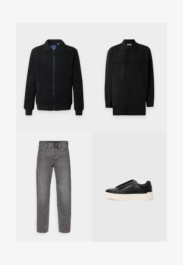 Melnā vilnas jaka ar rāvējslēdzēju, stāvošu apkakli, ribotām piedurknēm un sānu kabatām ar teksturētu virsmu.; Melnā pogu krekla, kas izgatavota no gludas auduma, ar klasisku apkakli, divām priekšējām kabatām un garām piedurknēm ar pogu aprocēm.; Pelēki džinsu bikses ar taisnu griezumu, piecām kabatām un viegli nolietotu tekstūru. Satur zīmola jostu ar standarta aparatūru.; Melna slip-on kedu ar teksturētu ādas augšdaļu, baltu gumijas zoli un bez redzamām šņorcēm. Uz sāna ir zīmola logo.