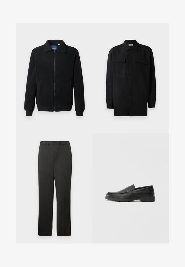 Melnā vilnas jaka ar rāvējslēdzēju, stāvošu apkakli, ribotām piedurknēm un sānu kabatām ar teksturētu virsmu.; Melnā pogu krekla, kas izgatavota no gludas auduma, ar klasisku apkakli, divām priekšējām kabatām un garām piedurknēm ar pogu aprocēm.; Melni taisni bikses ar gludu tekstūru, piedāvā ar aukliņu regulējamu jostasvietu un smalku, vieglu audumu.; Melnas ādas loafers ar gludu apdari, mokasīnu stila augšdaļu, šūtu detalizāciju un gumijas zoli. Klasisks dizains ar zemu papēdi.