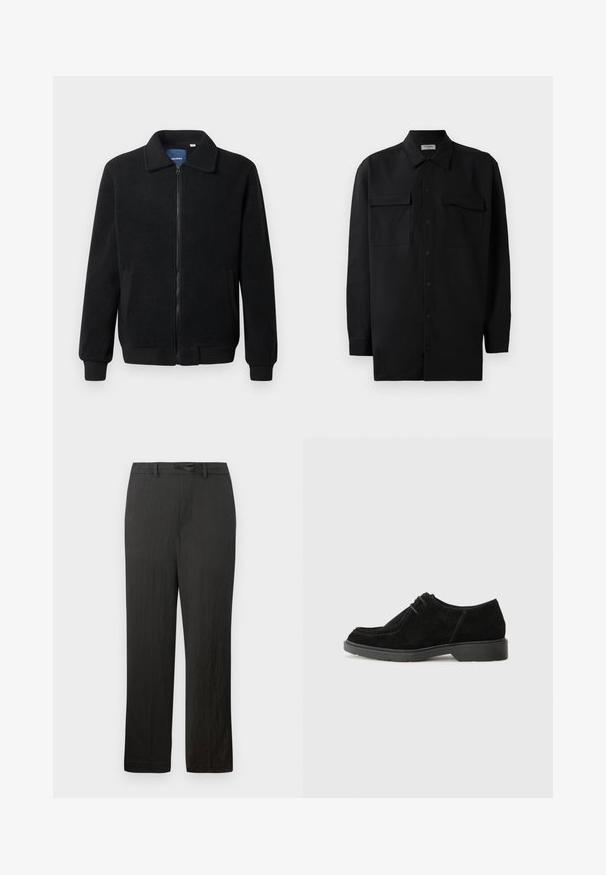 Crni flis jakna s zatvaranjem na zip, stojećim ovratnikom, rebrastim manžetama i bočnim džepovima s teksturiranom površinom.; Crna košulja s dugim rukavima od glatkog materijala, s klasičnom kragnom, dva prednja džepa i dugmadima na manžetama.; Crne hlače ravnog kroja s glatkom teksturom, s elastičnom trakom za stezanje i suptilnom, laganom tkaninom.; Crne sued kože cipele s okruglim vrhom, kontrastnim šivom i gumenom potplatom. Ima minimalno vezanje i glatki gornji dio.