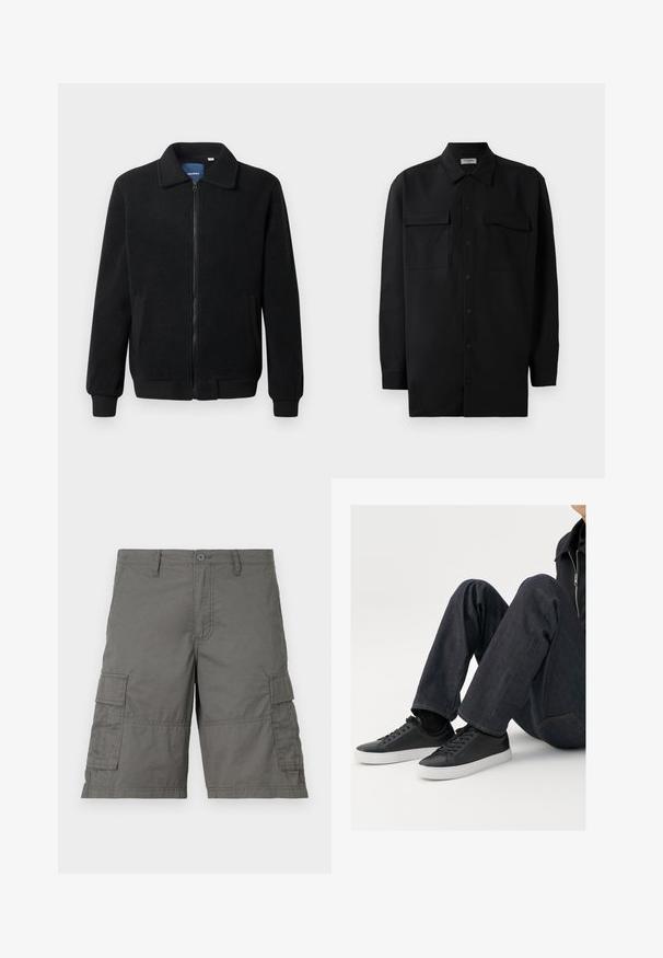 Giacca in pile nera con chiusura zip, colletto alto, polsini a coste e tasche laterali con superficie strutturata.; Camicia nera con bottoni realizzata in tessuto morbido, dotata di colletto classico, due tasche frontali e maniche lunghe con polsini a bottone.; Pantaloni cargo grigi con chiusura a bottone, numerose tasche laterali e dettagli di cucitura. Realizzati in tessuto leggero e resistente.; Sneakers in pelle nera con suole in gomma bianca, caratterizzati da lacci rotondi e un design minimalista, abbinati a jeans in denim scuro.