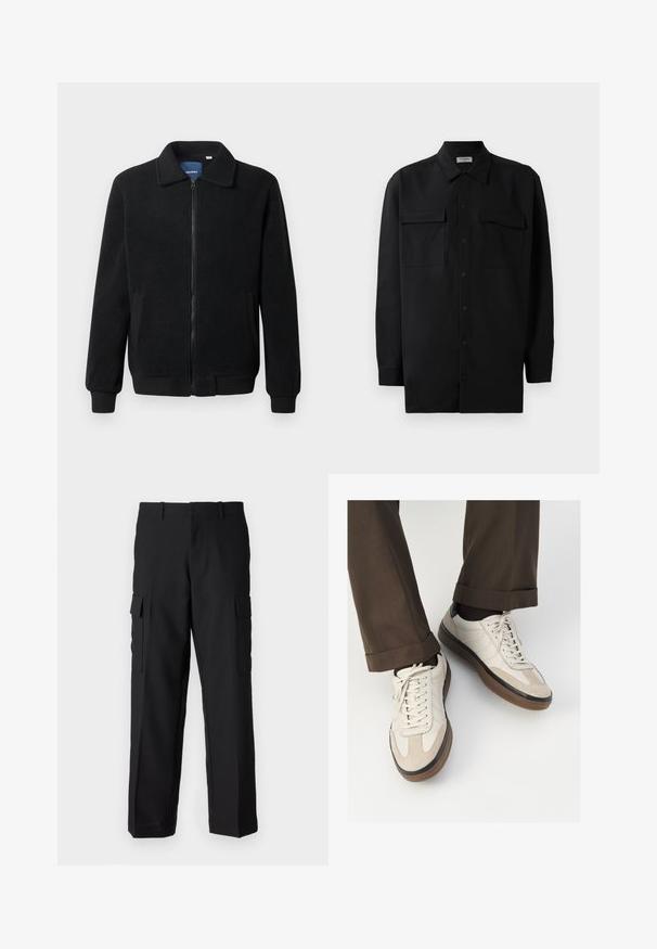 Črna flis jakna z zadrgo, stoječim ovratnikom, rebrastimi zapestji in stranskimi žepi s teksturirano površino.; Črn srajčni zgornji del iz gladkega materiala, s klasičnim ovratnikom, dvema sprednjima žepoma in dolgimi rokavi z gumbi na manšetah.; Črne delovne hlače iz trpežnega blaga, opremljene z dvema velikima stranskima žepoma, ravnim krojem in standardnim pasom z luknjicami za pas.; Bež teniske z teksturiranim prednjim delom iz usnja, gladkimi kožnimi stranicami in rjavo gumijasto podplatom. Vključene vezalke in svetla šivana detajla.