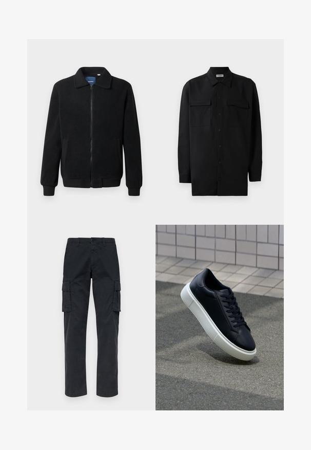 Čierna flísová bunda s uzáverom na zips, stojatým golierom, rebrovanými manžetami a bočnými vreckami s textúrovaným povrchom.; Čierna košeľa na gombíky vyrobená z hladkej tkaniny, so klasickým golierom, dvoma prednými vreckami a dlhými rukávmi s gombíkovými manžetami.; Čierne cargo nohavice vyrobené z pevnej tkaniny, s dvoma bočnými vreckami, rovnými nohavicami a zapínaním na gombík v páse.; Čierne kožené tenisky s okrúhlou špičkou a bielou gumovou podrážkou. Majú ploché šnúrky a minimálne šitie na vrchu. Textúrovaná podrážka pre lepšiu priľnavosť.