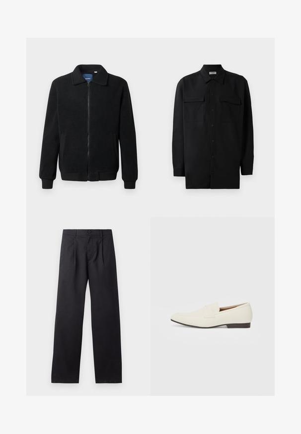 Svart fleece jakke med glidelås, høy krage, ribbestrikkede mansjetter og sidelommer med strukturert overflate.; Svart skjorte med knapper laget av glatt stoff, med klassisk krage, to frontlommer og lange ermer med knappe mansjetter.; Svarte, vide bukser laget av et glatt stoff. Har frontfold, knappelukking og to sidelommer.; Lyse beige loafers med spiss tå, glatt materiale, en stropp over vampsen, og en lav brun såle. Enkel design med minimale detaljer.