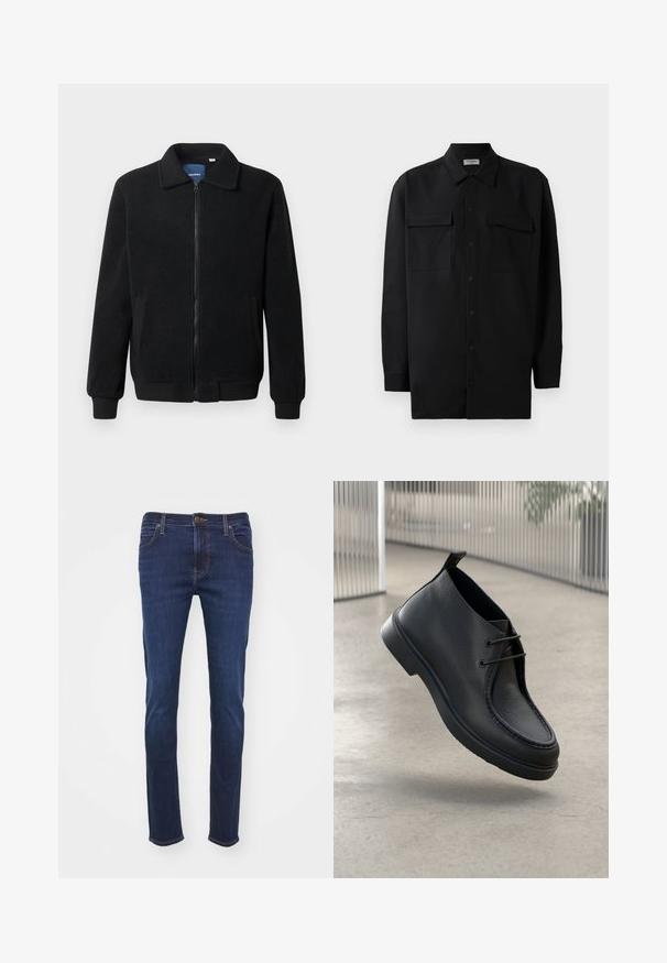 Musternahk fleece-jakk musternahaga, tõmblukk, seisev kaelus, soonikkoes varrukad ja küljetaskud tekstuurse pinnaga.; Mustmust värvi nööpidega särk, mis on valmistatud sujuvast kangast, klassikalise kraega, kahe eesmise tasku ja pikkade varrukatega, millel on nööpidega mansetid.; Tumed sinine denimist teksapüksid otse lõikega, mis sisaldavad tavalisi taskuid, nööpidega kinni keeramist ja heledat õmblust.; Must musta nahk king, millel on sile tekstuur, ümmargune varvas ja nööridega disain; sisaldab madala profiiliga tallat ja tagumist tõmbeotsa.