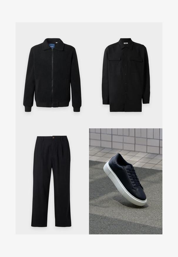 Black fleece jacket featuring a zip closure, stand collar, ribbed cuffs, and side pockets with a textured surface.; Black button-up shirt made of smooth fabric, featuring a classic collar, two front pockets, and long sleeves with button cuffs.; Black pants made of a lightweight fabric with a pleated front, straight legs, and a single brown button at the waistband.; Black leather sneaker with rounded toe and white rubber sole. Features flat laces and minimal stitching on the upper. Textured sole for grip.
