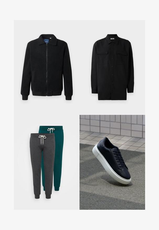 Juodas fliso džemperis su užtrauktuku, stovinčia apykakle, gumuotais rankogaliais ir šoninėmis kišenėmis, turinčiomis tekstūruotą paviršių.; Juodas marškinis su mygtukais, pagamintas iš lygaus audinio, turi klasikinius apykaklės, du priekiniai kišeniai ir ilgus rankovės su mygtukais.; Du visi džinsai sportui, tamsiai pilkos ir mėtos spalvos, pagaminti iš minkštos medžiagos, su elastinėmis rankovėmis ir raišteliu prie liemens, turinčiu baltus kaspinus.; Juodas odinis sportbačius su apvaliu pirštu ir baltu gumuotu padu. Turi plokščias raišteles ir minimalų siuvimą viršuje. Padangos tekstūra užtikrina sukibimą.
