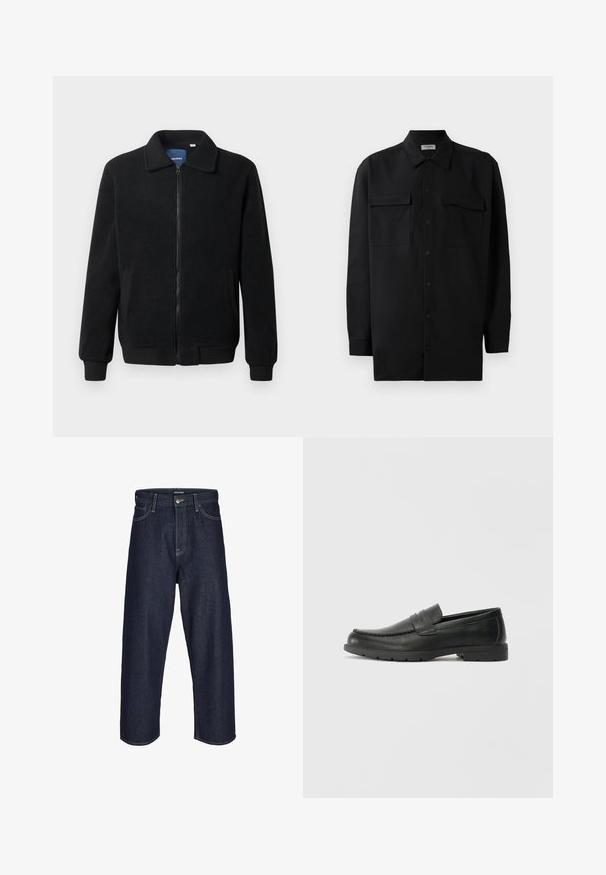 Melnā vilnas jaka ar rāvējslēdzēju, stāvošu apkakli, ribotām piedurknēm un sānu kabatām ar teksturētu virsmu.; Melnā pogu krekla, kas izgatavota no gludas auduma, ar klasisku apkakli, divām priekšējām kabatām un garām piedurknēm ar pogu aprocēm.; Tumši zili džinsu platā kāju bikses ar vidēju jostas augstumu, kurām ir dzeltenās šuves, priekšējais pogu aizdare un klasiskā piecu kabatu dizains.; Melnas ādas loafers ar gludu apdari, mokasīnu stila augšdaļu, šūtu detalizāciju un gumijas zoli. Klasisks dizains ar zemu papēdi.
