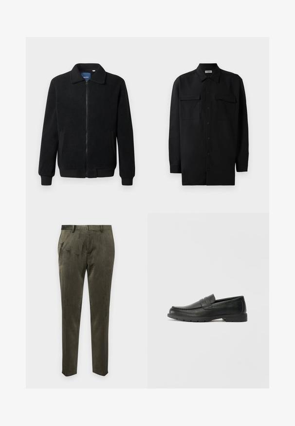 Crni flis jakna s zatvaranjem na zip, stojećim ovratnikom, rebrastim manžetama i bočnim džepovima s teksturiranom površinom.; Crna košulja s dugim rukavima od glatkog materijala, s klasičnom kragnom, dva prednja džepa i dugmadima na manžetama.; Maslinasto zelene hlače od mekog materijala s glatkom teksturom. Imaju kroj koji se dobro prilagođava tijelu i suptilne nabore na prednjoj strani.; Crne kožne mokasine s glatkom površinom, gornji dio u stilu mokasina, ojačani šavovi i gumeni potplat. Klasičan dizajn s niskom petom.
