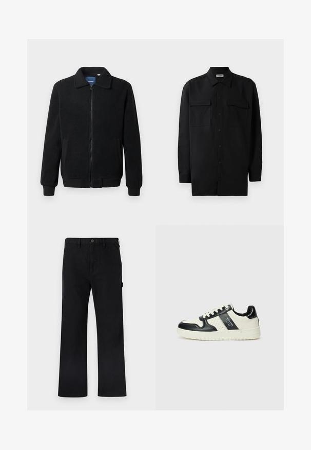 Veste en polaire noire avec fermeture éclair, col montant, poignets côtelés et poches latérales avec une surface texturée.; Chemise noire à manches longues en tissu lisse, dotée d'un col classique, de deux poches devant et de poignets à boutons.; Pantalon en coton noir avec jambes droites, fermeture par boutons, passants pour ceinture et poches latérales. Texture lisse sans motifs apparents ni marque visible.; Baskets en cuir avec un schéma de couleurs noir et crème, dotées d'accents perforés, d'un col rembourré et d'une semelle texturée.