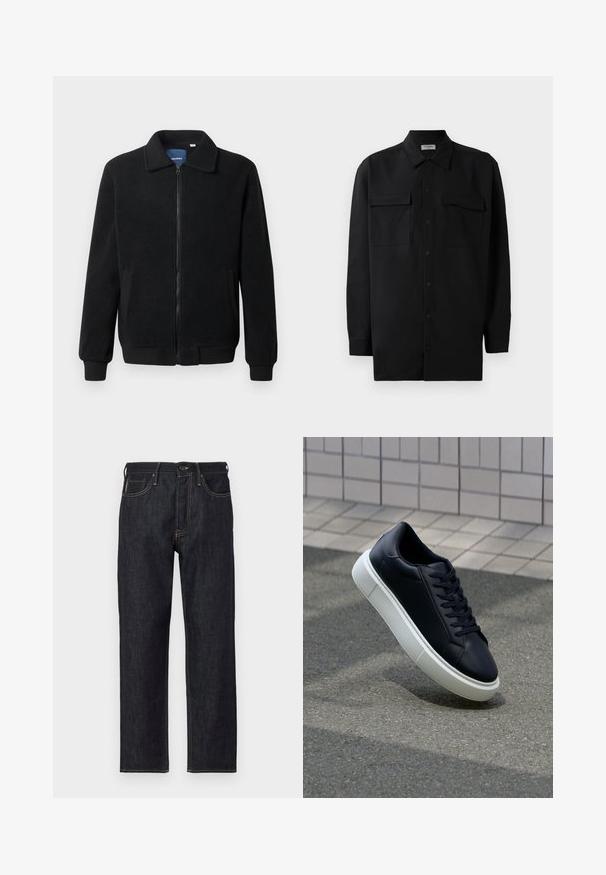 Μαύρο φλις μπουφάν με κλείσιμο με φερμουάρ, όρθιο γιακά, λαστιχένια μανίκια και πλάγιες τσέπες με υφή.; Μαύρο πουκάμισο με κουμπιά από απαλό ύφασμα, με κλασικό γιακά, δύο μπροστινές τσέπες και μακριά μανίκια με κουμπιά στον καρπό.; Σκούρο μπλε τζιν παντελόνι με ίσια γραμμή, κίτρινα ραφές, πέντε τσέπες και κλείσιμο με κουμπί στην μπροστινή πλευρά.; Μαύρο δερμάτινο αθλητικό παπούτσι με στρογγυλή μύτη και λευκή καουτσούκ σόλα. Διαθέτει επίπεδες κορδόνες και ελάχιστες ραφές στο επάνω μέρος. Υφή σόλας για καλύτερη πρόσφυση.